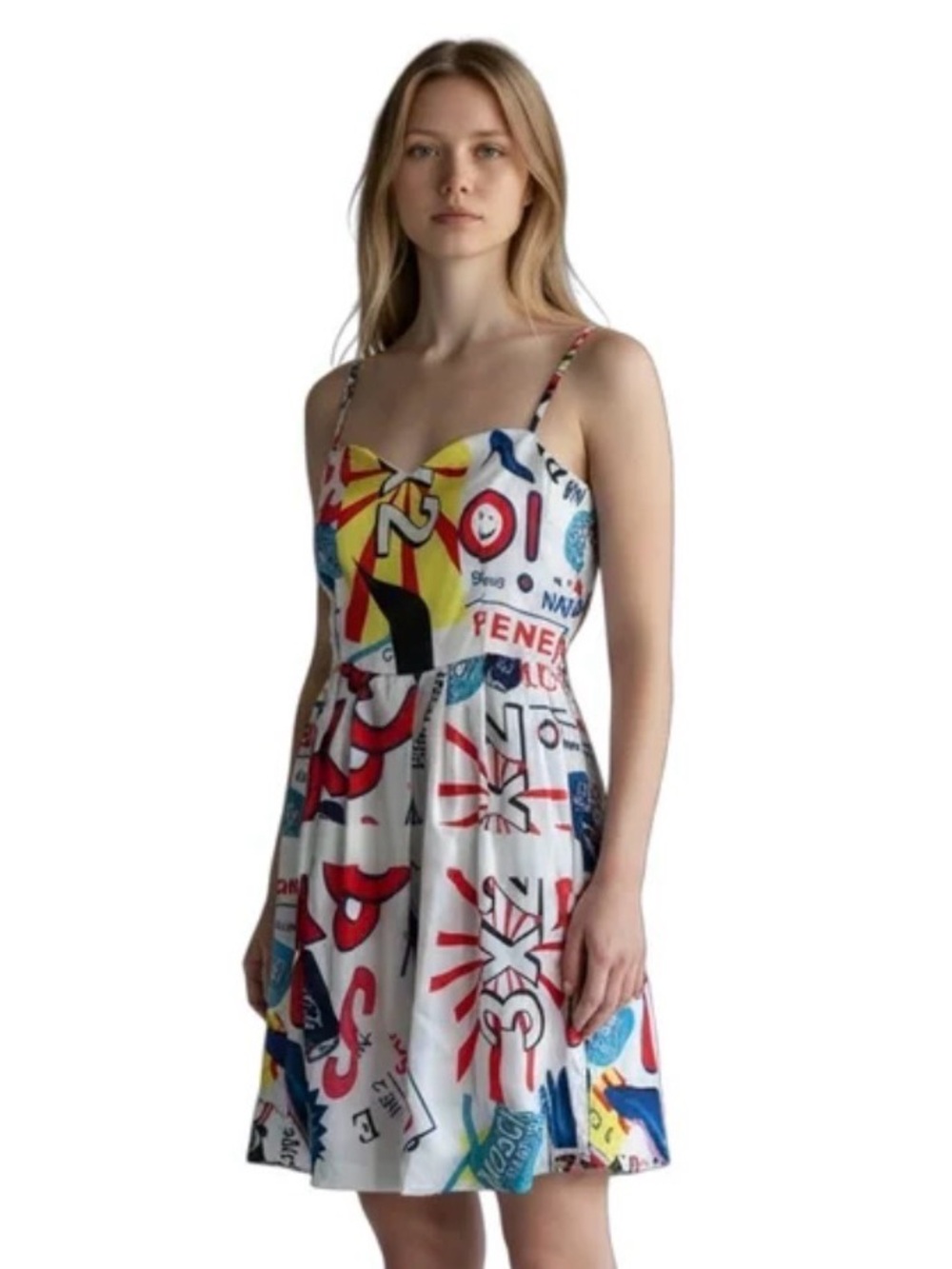 ZAZA Woman’s Pop Culture White Mini Dress with Spaghetti Straps size Medium